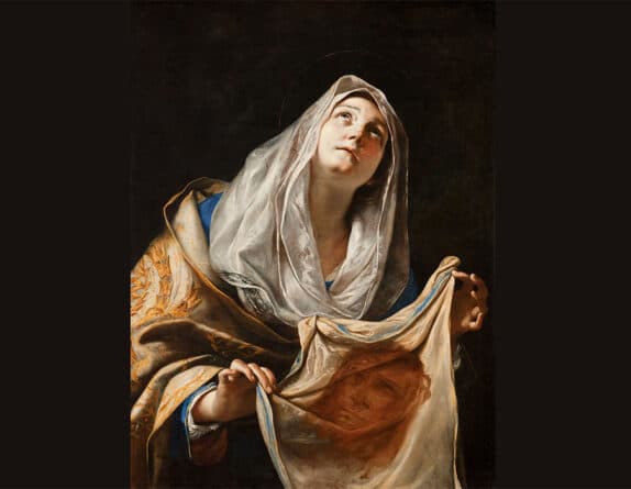 Historical painting of Mary holding the burial shroud of Jesus