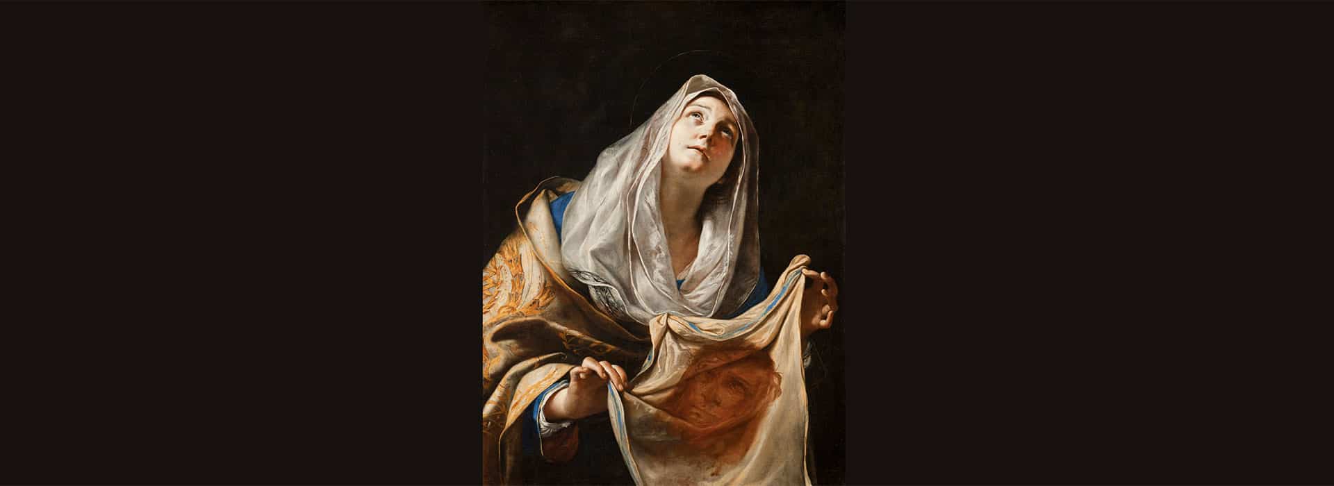 Historical painting of Mary holding the burial shroud of Jesus