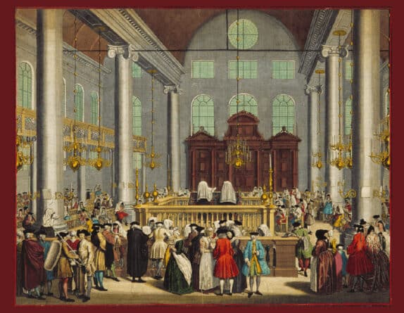 Historical painting of the interior of the Esnoga, the Portuguese Israelite Synagogue of Amsterdam