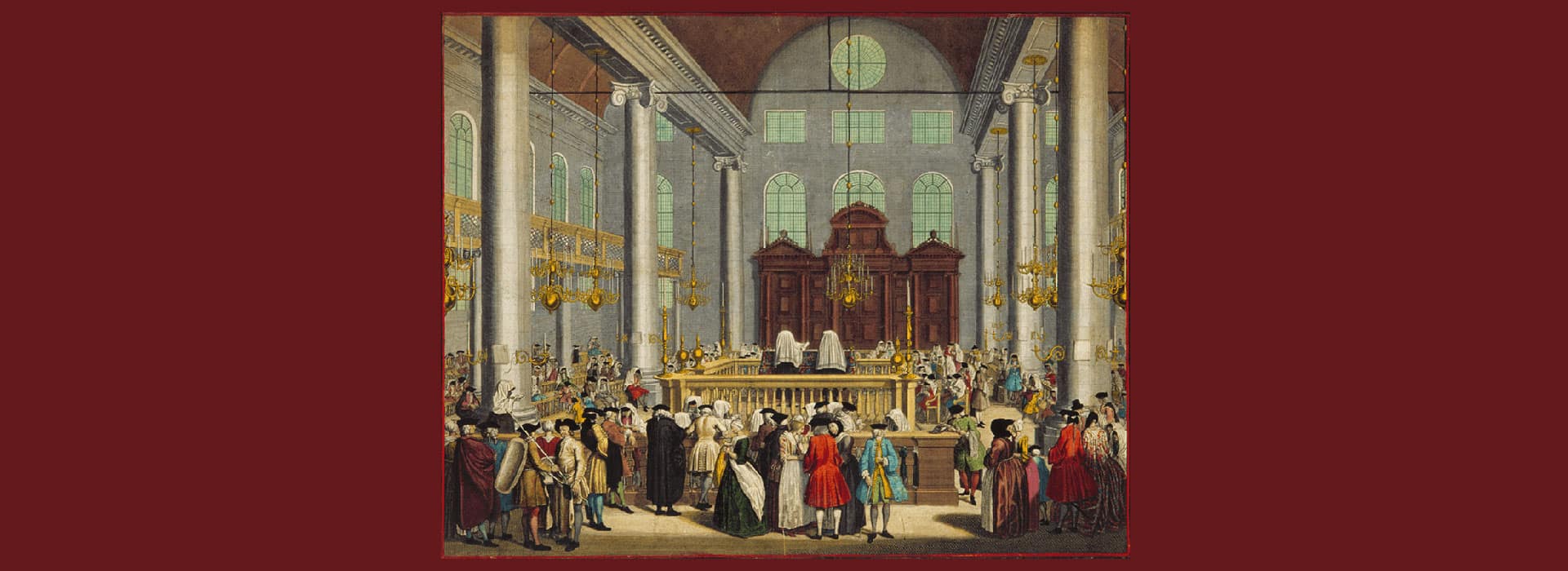 Historical painting of the interior of the Esnoga, the Portuguese Israelite Synagogue of Amsterdam