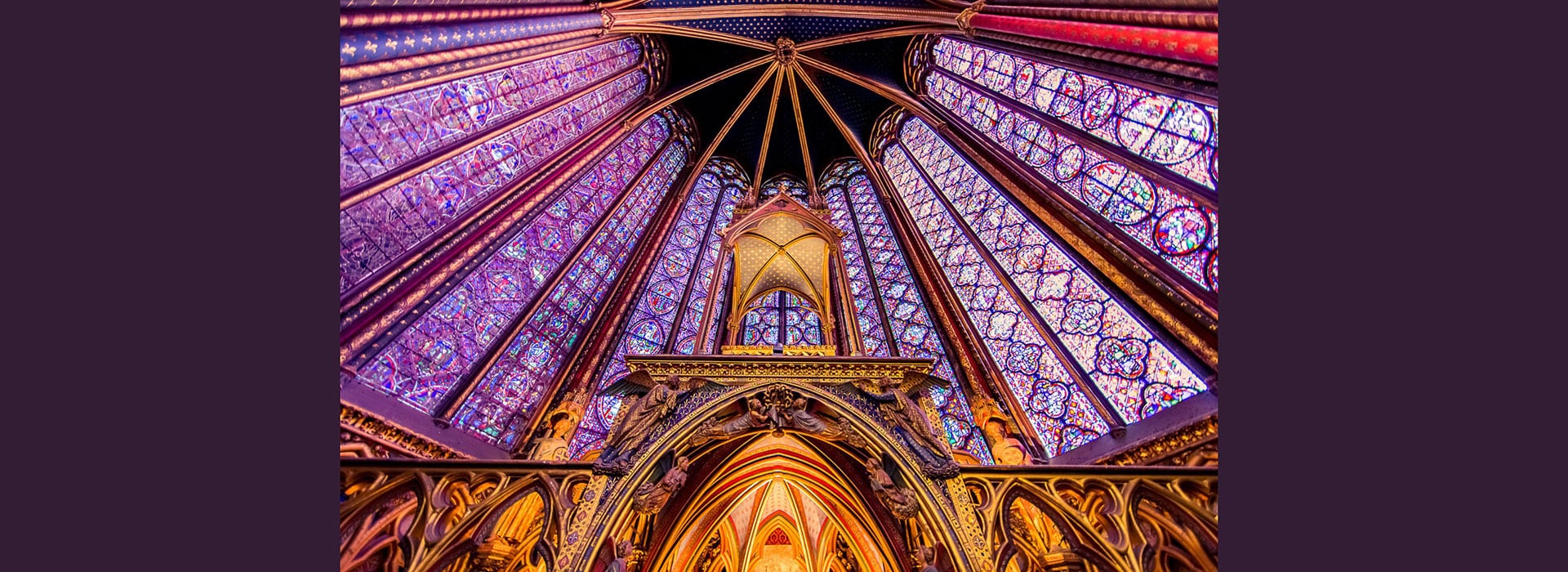 Interior view of the stained glass in the dome of the basillica of Saint Chappelle